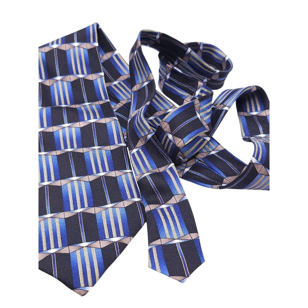 Vintage Chez Roffe Men's Geometric Tie Blue & Gold Striped Pattern Classic